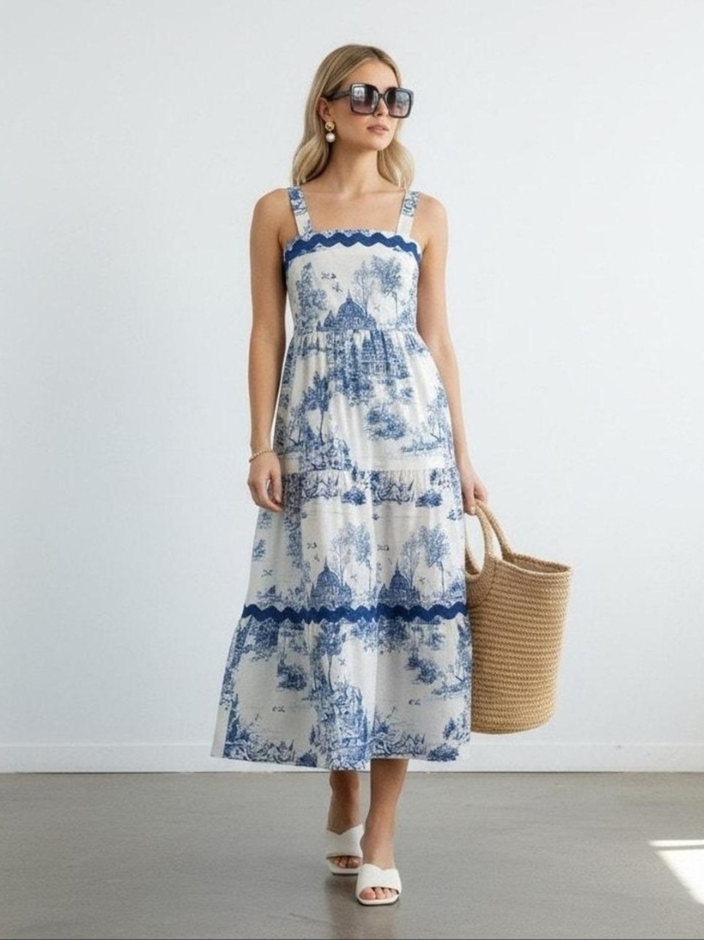 Blue and White Toile Midi Sundress with Square Neck